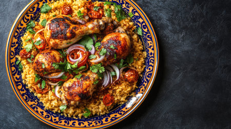 A vibrant chicken meal featuring roasted drumsticks on a bed of seasoned rice, garnished with fresh herbs and vegetables for a delicious dining experience.の素材