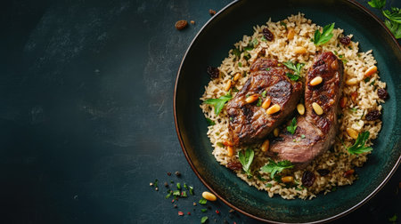 This image showcases a delicious meat dish served on a bed of seasoned rice, garnished with fresh herbs and pine nuts, perfect for any dining occasion.の素材