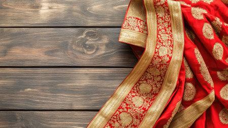 Discover the beauty of this elegant red fabric with intricate gold design, perfectly draped on a rustic wooden surface, ideal for various applications.の素材