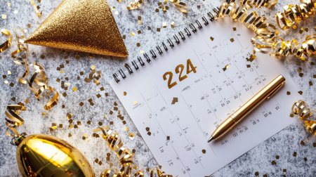 A beautifully arranged gold-themed celebration scene featuring a calendar, gold decorations, and confetti, perfect for planning special events and festivities.の素材