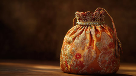 This image showcases an elegant fabric pouch featuring intricate designs and rich colors, perfect for adding a touch of luxury to any setting.の素材