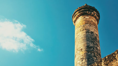 A stunning stone tower rises against a bright blue sky, showcasing its historical architecture and unique design, perfect for travel and heritage themes.の素材