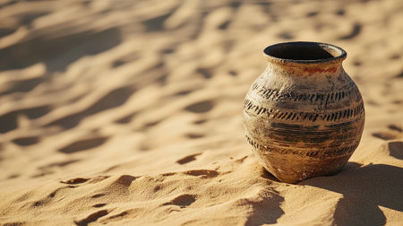 A rustic clay pot sits elegantly on sandy desert terrain, showcasing intricate patterns. This image captures the beauty of nature and craftsmanship in a serene setting.の素材