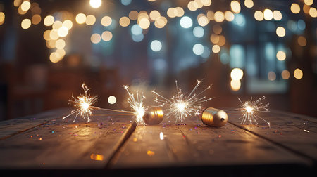 A charming scene featuring sparklers on a rustic wooden table with beautiful bokeh lights in the background, perfect for celebrating festive moments and gatherings.の素材