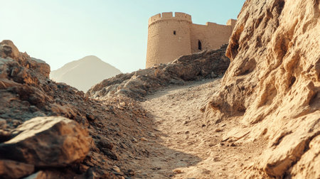 Explore a scenic pathway leading to ancient castle ruins surrounded by rugged rocks and mountains under a clear blue sky. Perfect for travel themes.の素材
