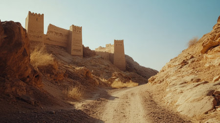 A captivating desert landscape featuring an ancient fortress along a winding road, showcasing natural beauty in a sunlit, serene environment.の素材