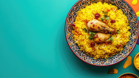 A vibrant chicken dish served with fluffy yellow rice, beautifully presented in a decorative bowl. Perfect for restaurant menus or culinary projects.の素材
