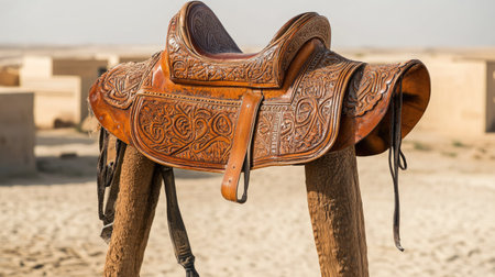 A beautifully crafted leather saddle displayed outdoors, showcasing intricate designs and textures, set against a serene desert backdrop.の素材