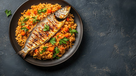 A beautifully plated dish featuring grilled fish served over a bed of rice and colorful vegetables, garnished with fresh parsley, ideal for a delightful meal.の素材