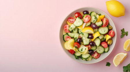 A vibrant salad featuring fresh cucumbers, tomatoes, and citrus garnishes. Perfect for summer meals or healthy snacks, showcasing bright colors.の素材
