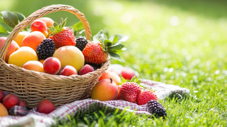 A basket of fresh summer fruit on a picnic blanket. Open space for text on the grass backgroundの素材