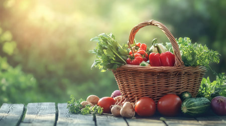 A basket of fresh-picked summer vegetables on a wooden table with space for copy in the backgroundの素材