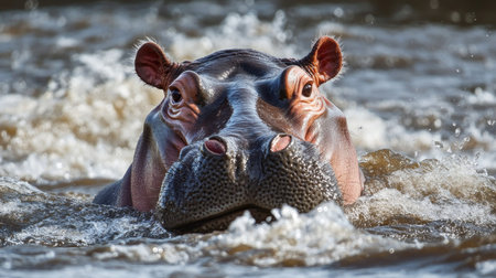 A close-up of a hippo emerging from a river, with open water for copy spaceの素材