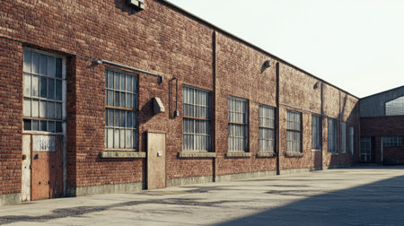 A large brick industrial building with aged textures, set against a clear sky. Empty space for messageの素材