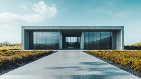 A minimalist concrete and glass pavilion surrounded by open landscape. Copy space availableの素材