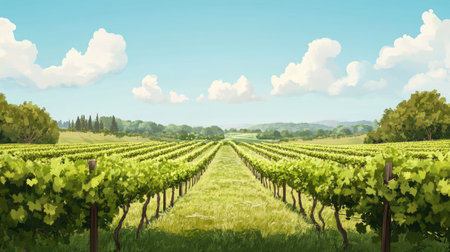 A lush green vineyard with rows of grapevines stretching into the distance. Space for copy includedの素材