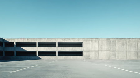 A large concrete parking structure against a clear blue sky, perfect for adding your textの素材