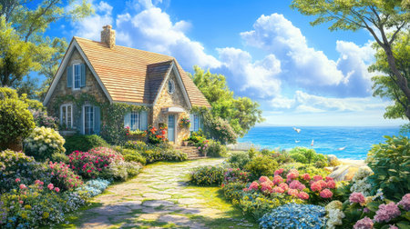 A quaint seaside cottage with a lush garden and clear blue skies. Empty space for your messageの素材