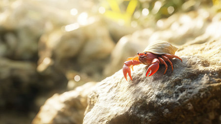 A hermit crab climbing over a rock, its shell gleaming under the sun. Open area for textの素材