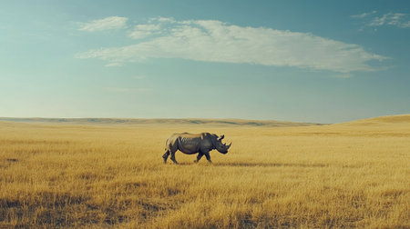 A lone rhinoceros walking through dry grassland. Space for text on the vast, open horizonの素材
