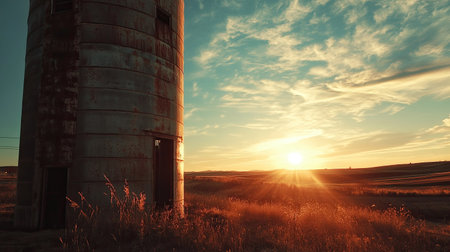 A large silo on a farm with the sun setting in the background, providing space for textの素材