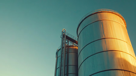 A large grain silo against a clear blue sky. Ample space for adding your contentの素材