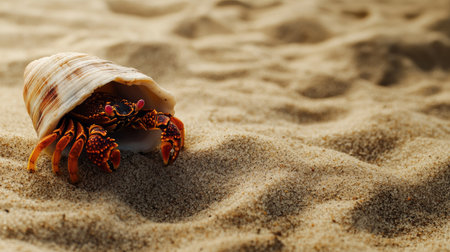 A detailed close-up of a hermit crab in its shell on a sandy beach. Ample space for your text on the rightの素材