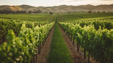 A lush green vineyard with rows of grapevines stretching into the distance. Space for copy includedの素材