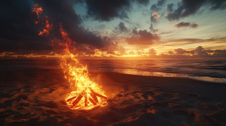 A glowing campfire on a beach at sunset. Open space for copy in the sky above. Perfect summer night themeの素材