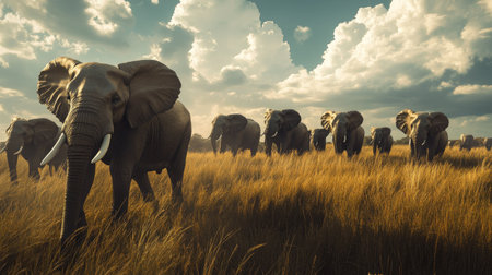 A herd of elephants crossing a grassy plain, with copy space available in the sky aboveの素材