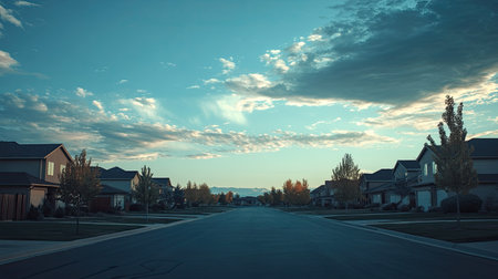 A quiet residential street with rows of homes and a vast, open sky. Copy space available aboveの素材