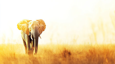 A majestic African elephant walking through the savannah, with plenty of space for text on the rightの素材