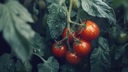A close-up of ripe tomatoes on the vine, ready for harvest. Plenty of space for your messageの素材