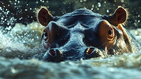 A close-up of a hippo emerging from a river, with open water for copy spaceの素材