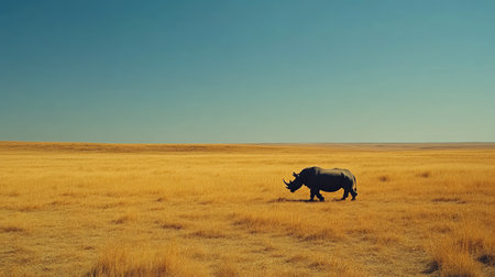 A lone rhinoceros walking through dry grassland. Space for text on the vast, open horizonの素材