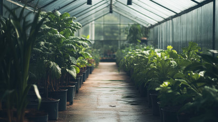 A large, modern greenhouse filled with rows of plants. Plenty of copy space availableの素材