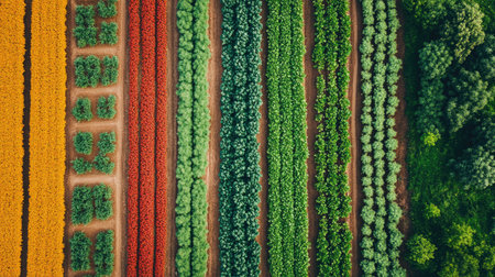 An aerial view of fields divided into various crop sections, with plenty of room for textの素材