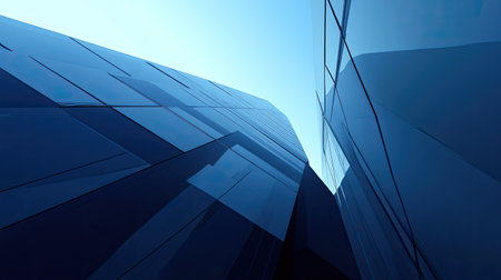 A sleek, futuristic office building in the city with sharp angles. Space for text in the clear skyの素材