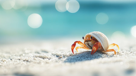 A tiny hermit crab scuttling across the sand, with plenty of copy space aroundの素材