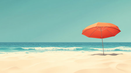 A sunny beach umbrella casting shade on white sand. Ocean waves in the background with clear space for text. Relaxation themeの素材