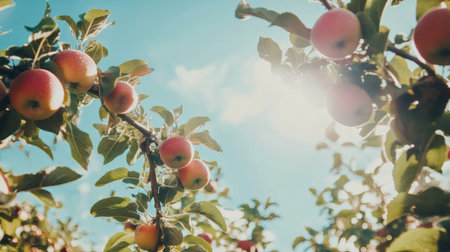 An apple orchard with fruit-laden branches reaching towards the sky. Plenty of copy space aboveの素材