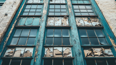 A vintage building with large windows and peeling paint, ideal for adding textの素材