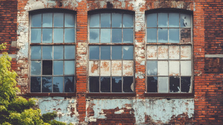 A vintage building with large windows and peeling paint, ideal for adding textの素材