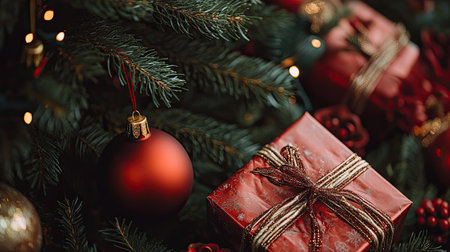 Close-up of Christmas decorations and presents under the tree with copy space availableの素材