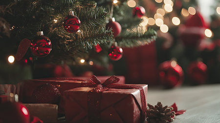 Close-up of Christmas decorations and presents under the tree with copy space availableの素材