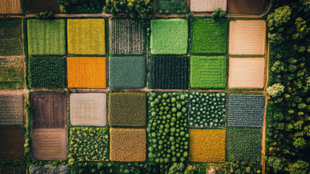 An aerial view of fields divided into various crop sections, with plenty of room for textの素材