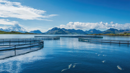 A wide view of a fish farm, with open water and blue sky offering space for your messageの素材