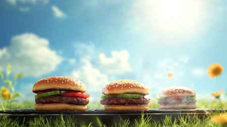 Barbecue grill with burgers sizzling under a sunny sky. Ample space for copy above. Summer cookout sceneの素材