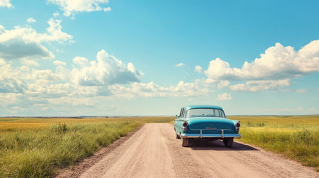 Classic summer road trip scene with a vintage car parked on a dirt road. Space for text in the wide blue skyの素材