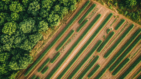 An aerial view of a large farm with rows of crops. Copy space available in the skyの素材